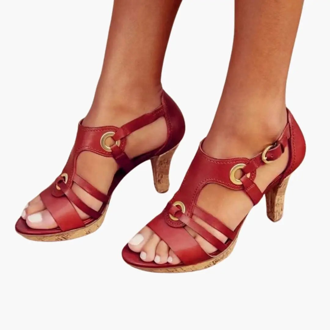 Women's orthopedic heel sandals with adjustable straps and contoured cork sole in red by Wilfred Smith