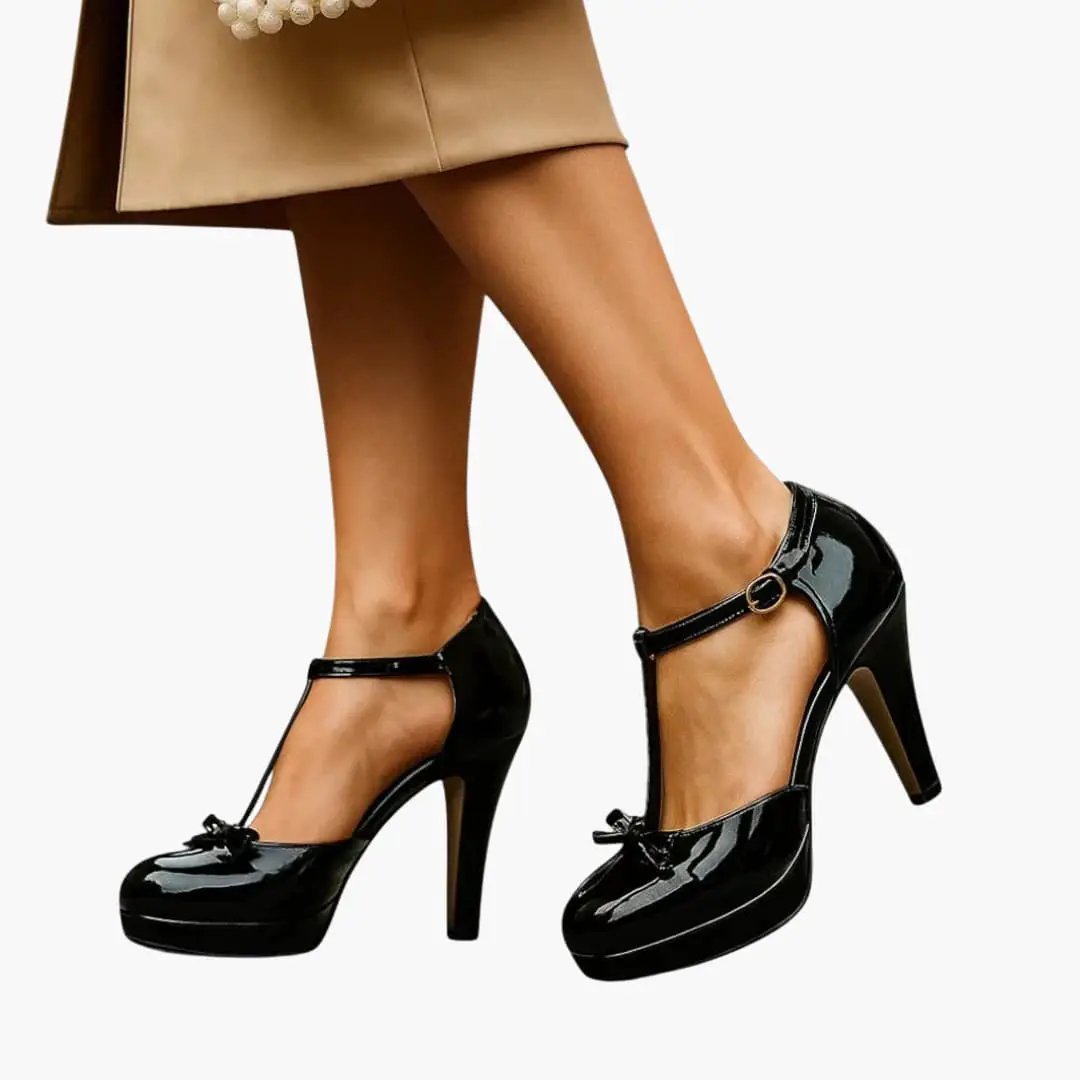 Women's orthopedic heels with padded insole; black patent leather, block heel, ankle-strap Mary Jane style