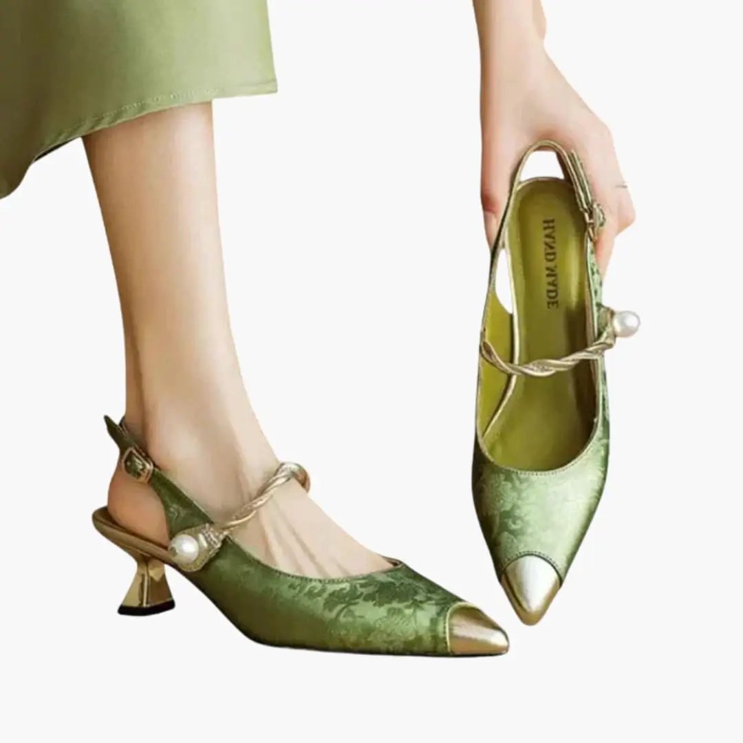 Pair of women's Wilfred Smith orthopedic heels with pearl strap, textured green satin.