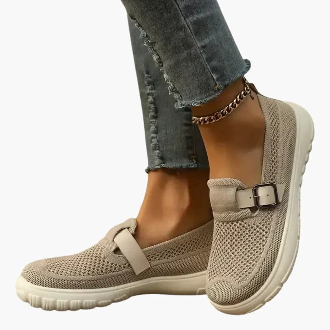 Women's orthopedic loafers with adjustable straps, beige knit upper and textured sole by Wilfred Smith.