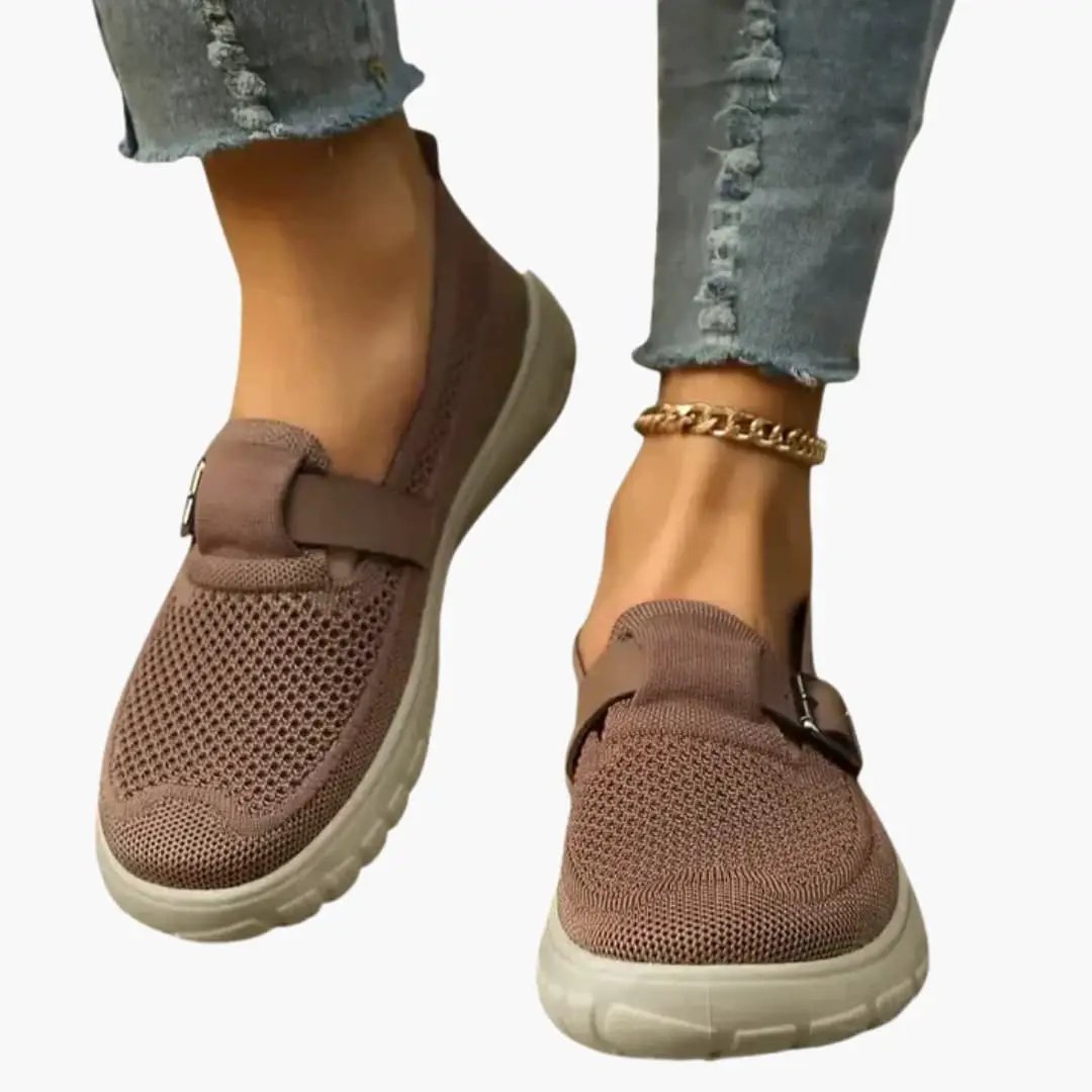 Women's orthopedic loafers with adjustable strap, mauve knit upper and textured sole; 2 shoes shown