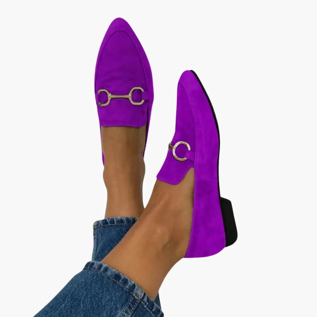 Wilfred Smith women's orthopedic loafers, purple suede with gold horsebit hardware and flat sole