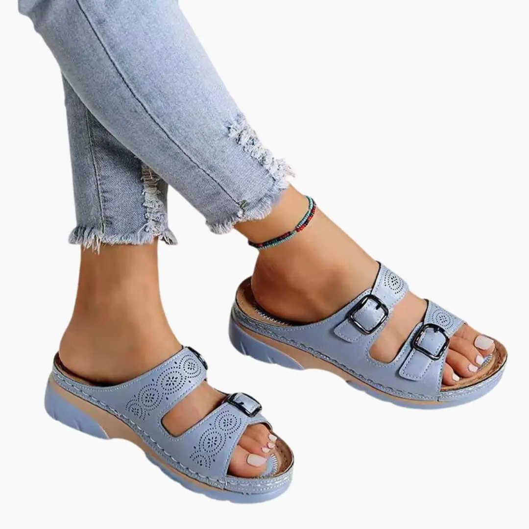 Wilfred Smith women's orthopedic sandals with adjustable straps and wedge sole in light blue