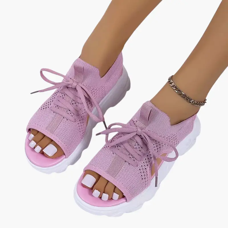 Women's orthopedic sandals by Wilfred Smith with cushioned footbed, pink-knit upper and adjustable laces