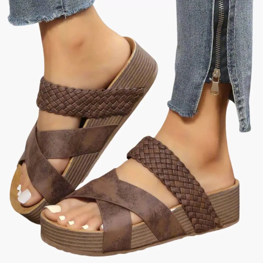 Women's orthopedic sandals Wilfred Smith with cushioned insole, brown braided and crisscross straps, platform wedge