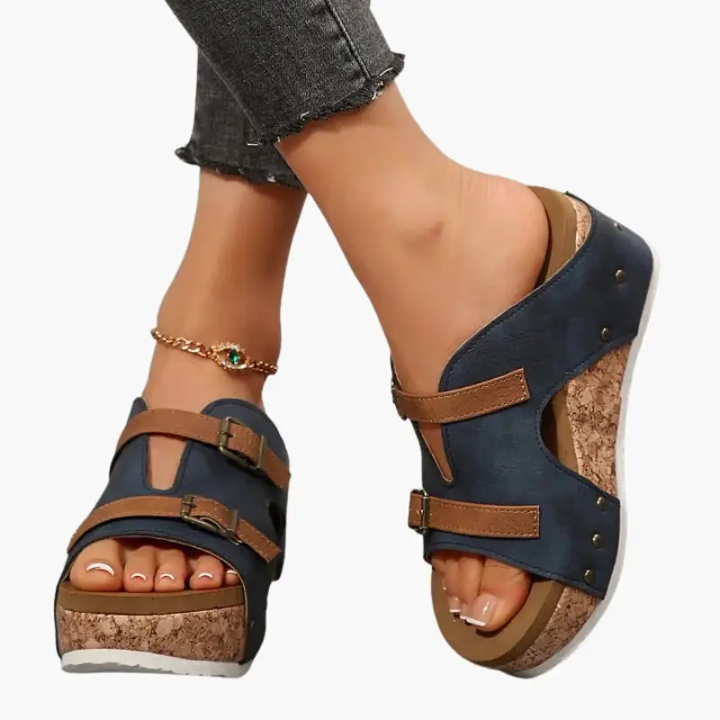 Women's orthopedic sandals with wedge cork sole, navy blue straps and brown buckles (pair)