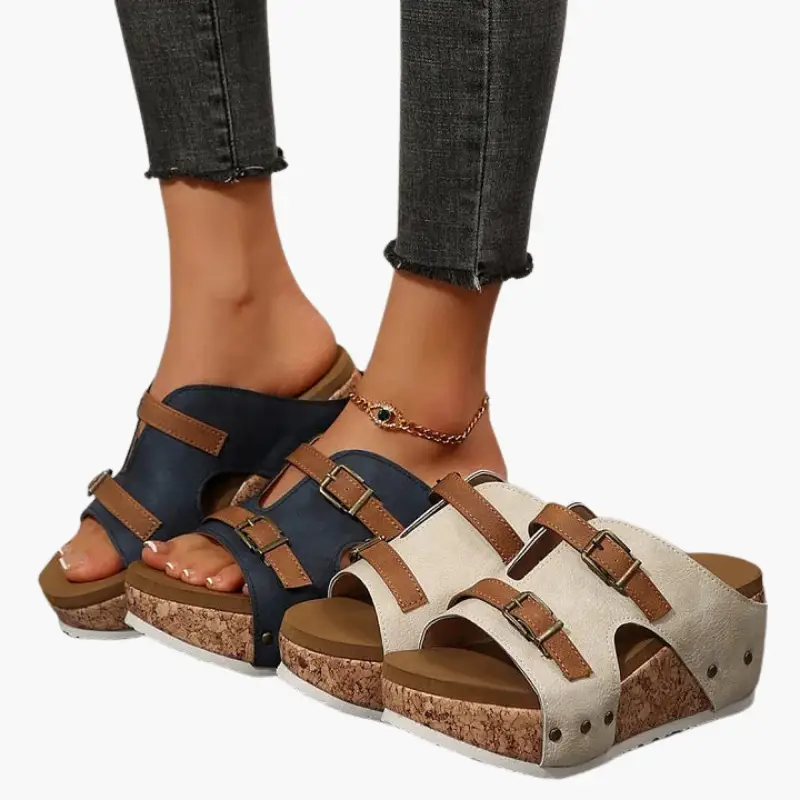 Women's orthopedic sandals with wedge cork sole and adjustable straps, navy blue and beige (2 pairs)