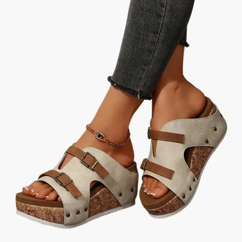 Wilfred Smith women's orthopedic sandals with wedge cork sole and adjustable tan straps