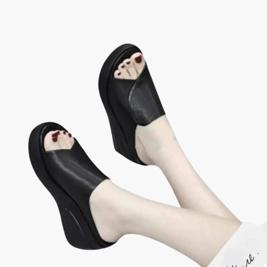 Women's orthopedic sandals by Wilfred Smith, black wedge-sole slip-on sandals