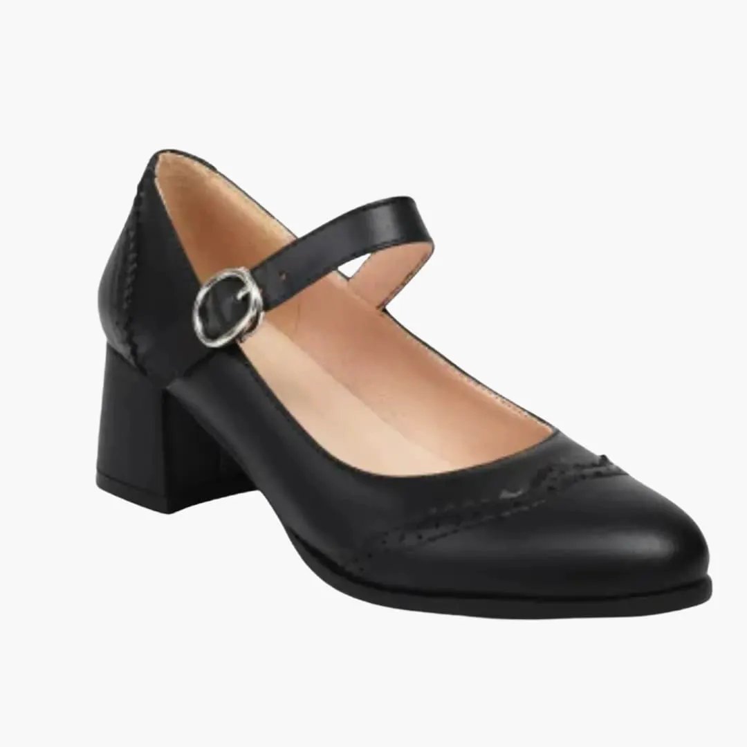 Women's orthopedic flats by Wilfred Smith in black leather with a strap and buckle and a block heel