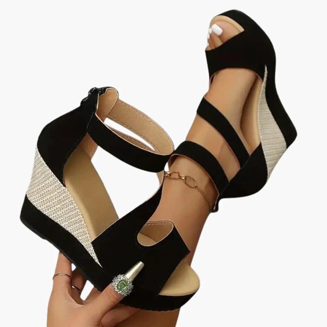 Women's Orthopedic Wedge Sandals with black elastic straps and cushioned sole, Wilfred Smith