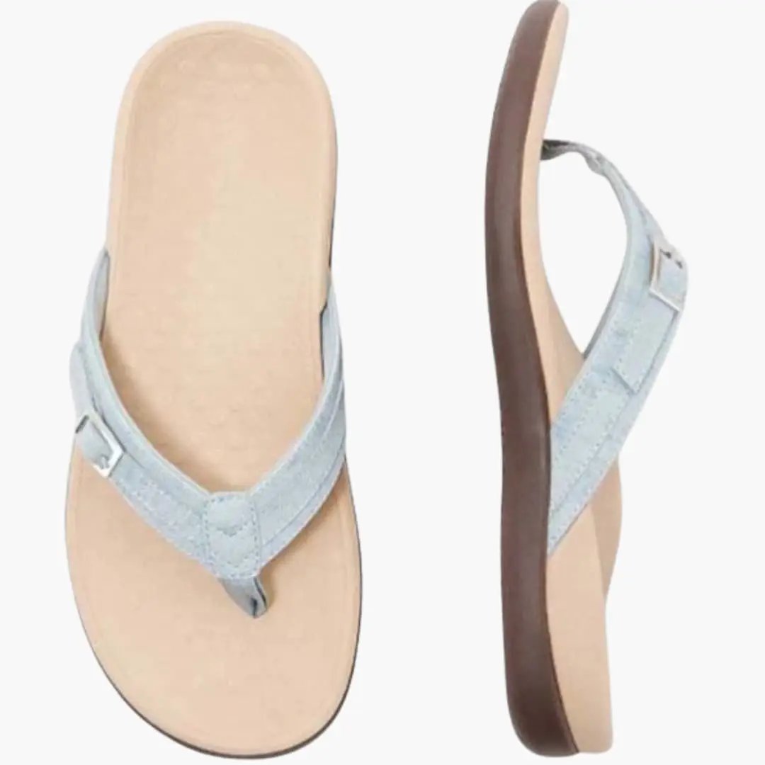 Women's orthopedic sandals with arch support, breathable design, light blue straps over beige footbed.