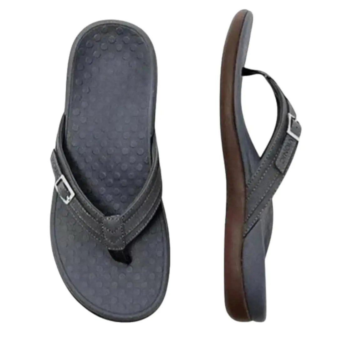 Pair of women's orthopedic sandals with arch support by Wilfred Smith, dark gray straps and cushioned sole