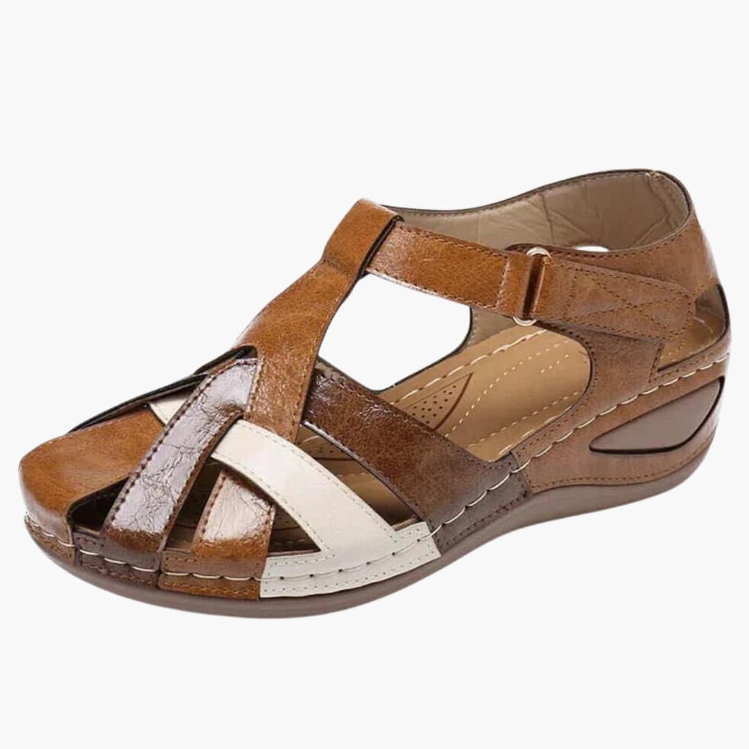 Wilfred Smith women's orthopedic sandals with buckle straps and wedge sole in brown tan leather