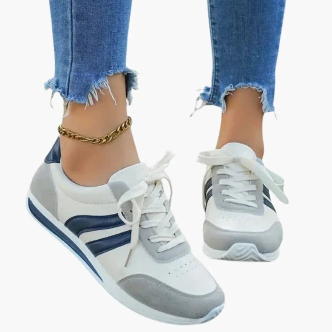 Women's orthopedic athletic shoes by Wilfred Smith, white/gray with navy accents, breathable upper and rubber sole