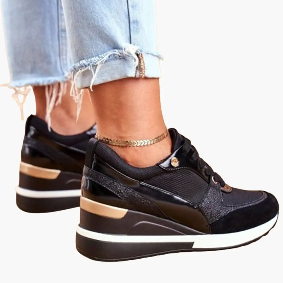 Wilfred Smith women's orthopedic sneakers with cushioned lift insole, black with tan accents