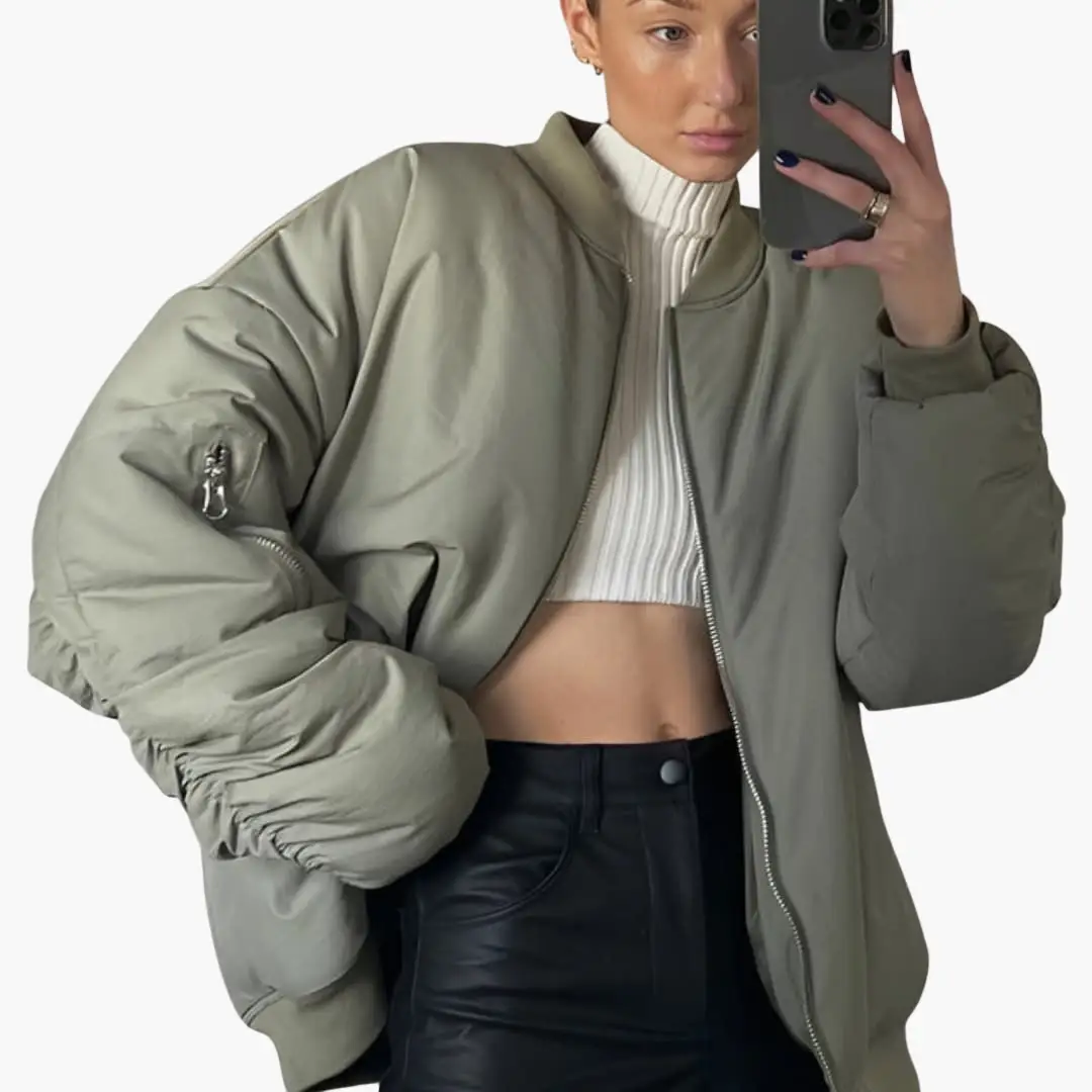 Women's Oversized Bomber Jacket by Wilfred Smith in olive with long sleeves and side pockets