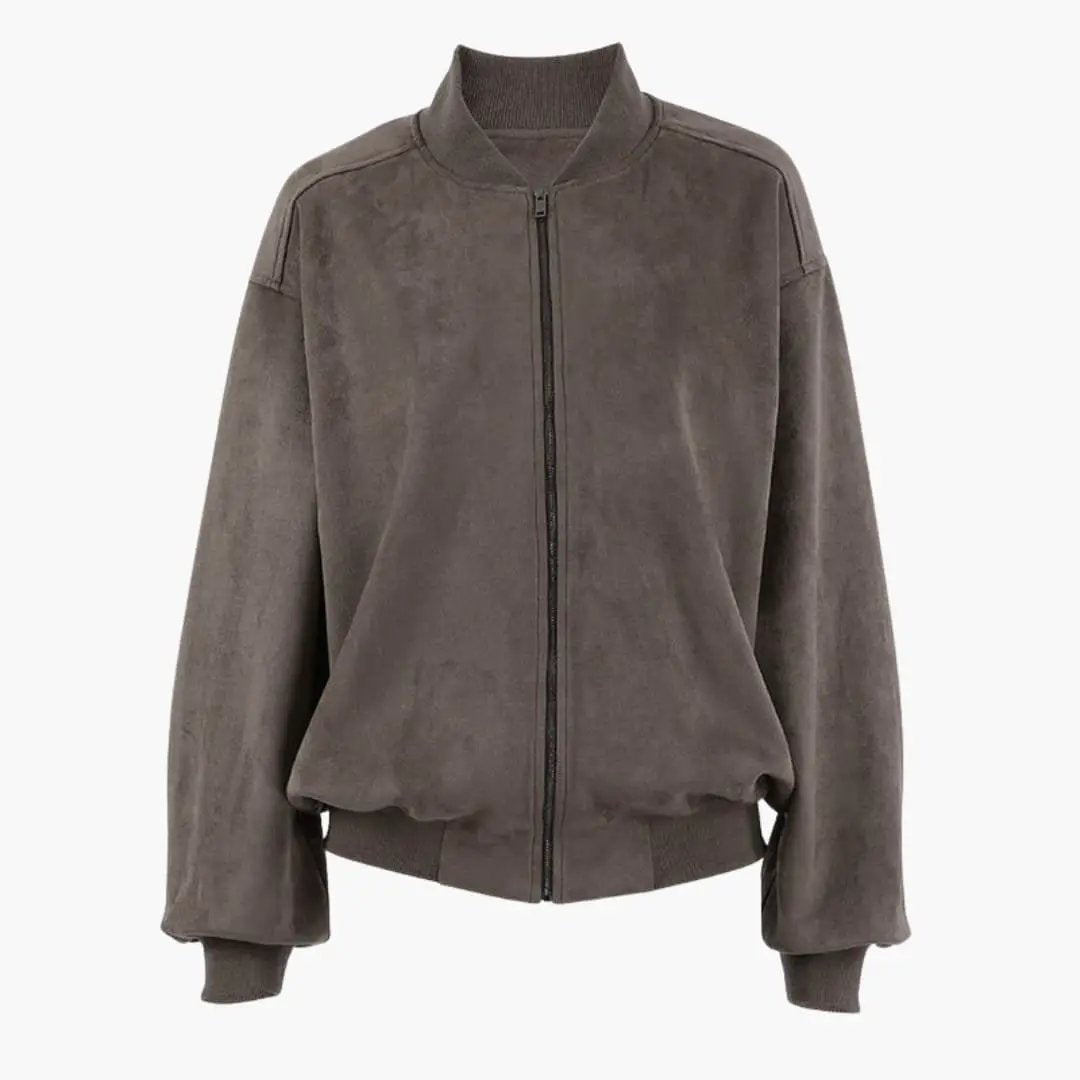 Women’s oversized bomber jacket with stand collar, zip-front, and voluminous sleeves in taupe suede.