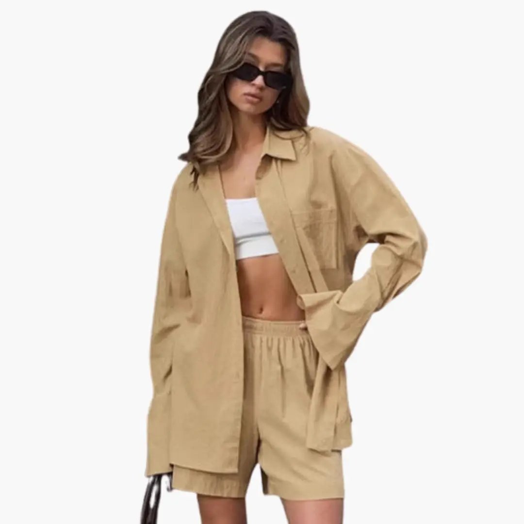 Women's Oversized Button Shirt and Elastic Waist Shorts Two-Piece Set in beige