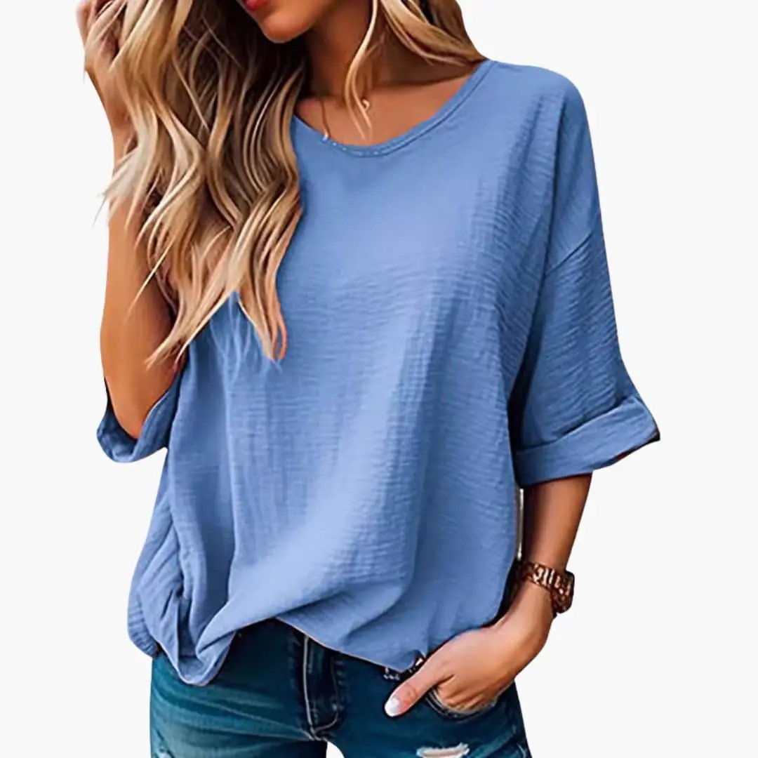 Women's oversized textured crew-neck T-shirt in blue with rolled short sleeves