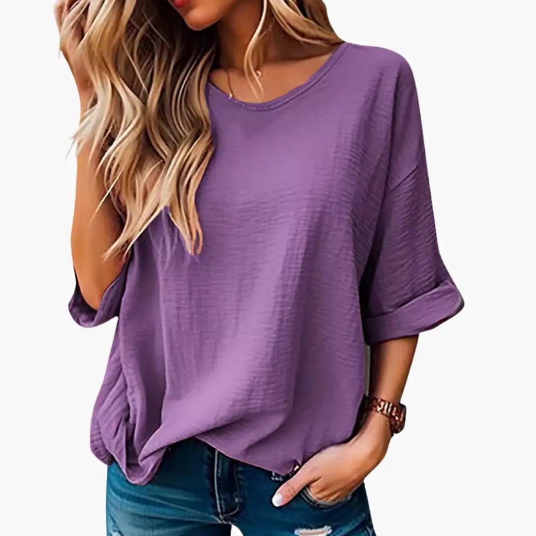 Women’s Oversized Textured Crew Neck Short Sleeve T-Shirt in purple.