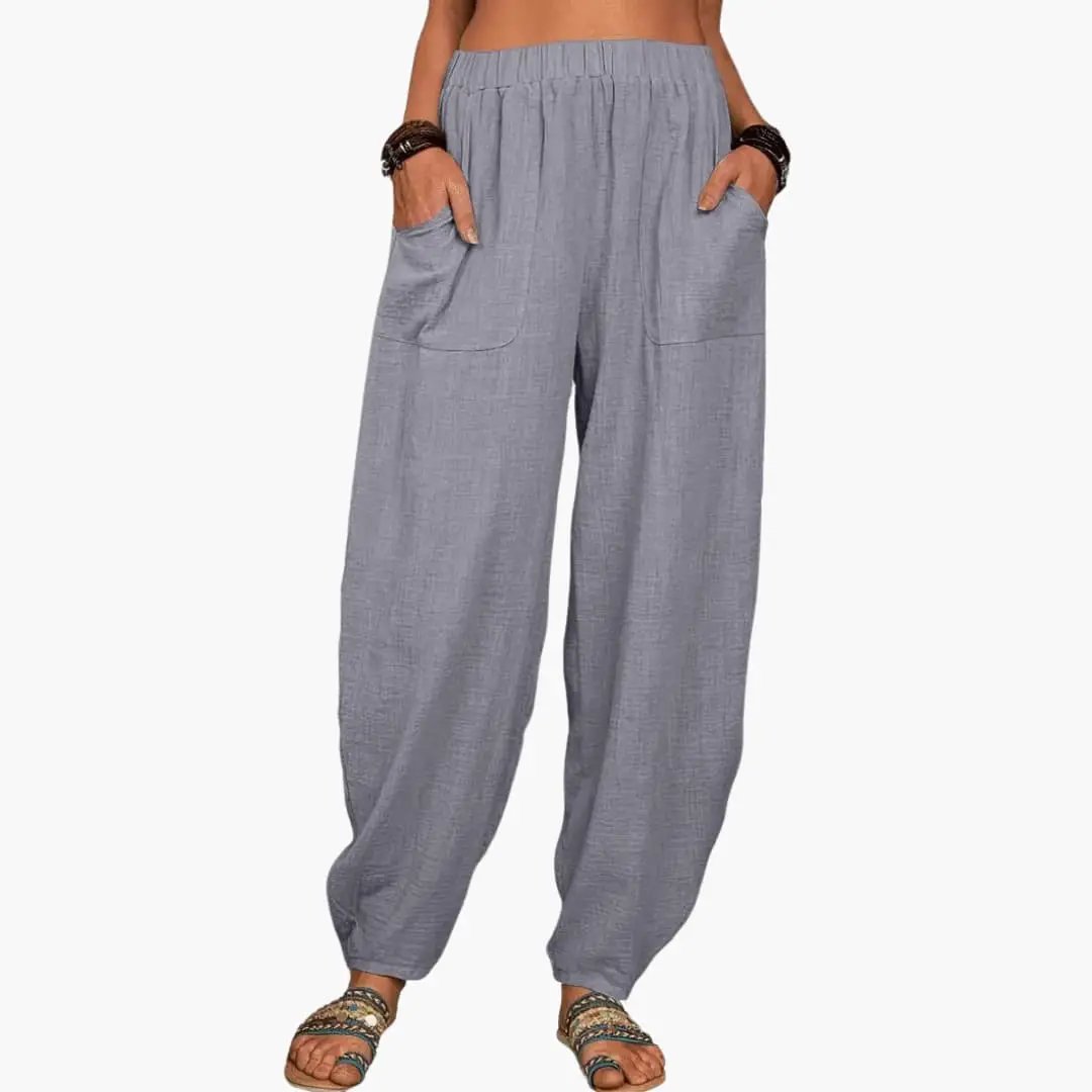 Women's Palazzo Pants with Elastic Waist and Side Pockets, light blue-gray, wide-leg