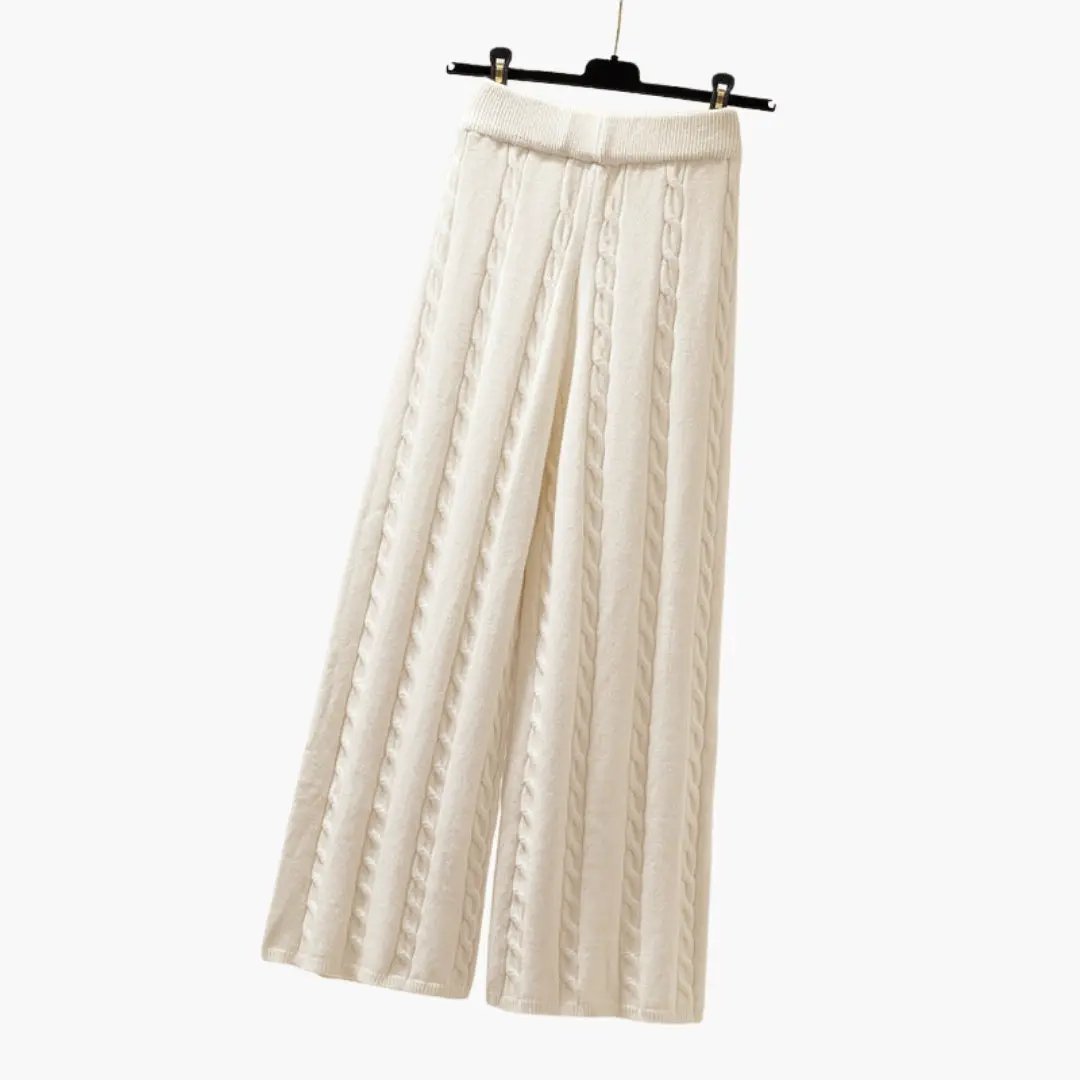 Women's Palazzo Pants in cream knit with elastic waistband and cable knit pattern