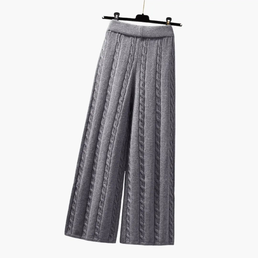 Women's Palazzo Pants with Elastic Waistband and Cable Knit Pattern in gray knit fabric by Wilfred Smith