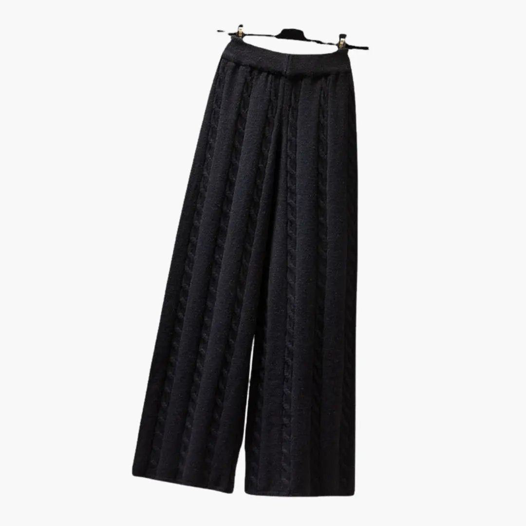 Wilfred Smith women's palazzo trousers with elastic waistband in black cable-knit pattern
