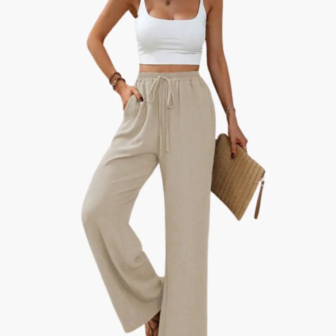 Women's Palazzo Pants with Elastic Waistband, beige wide-leg pants with pockets