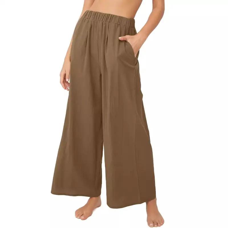 Women's Wide Palazzo Pants in brown with elastic waist and side pockets