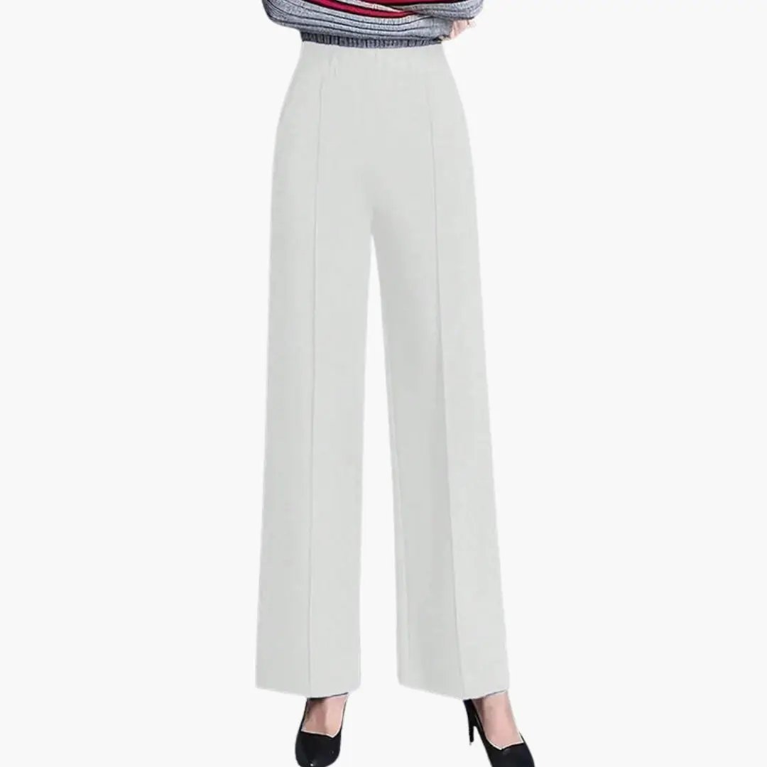 Women's Palazzo pants, white high-waist, side-pleat wide-leg trousers.