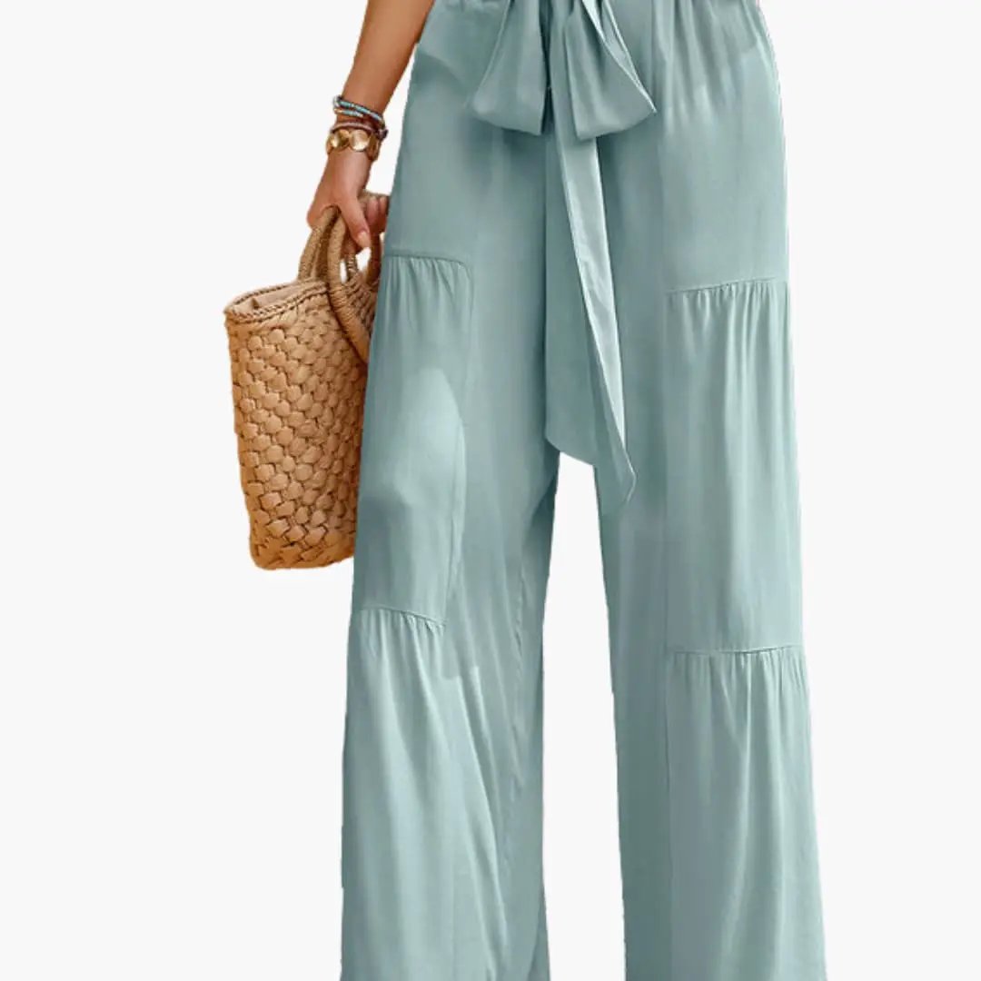 Women’s Palazzo Pants with Tie Belt and Ruffle Details, teal wide-leg.