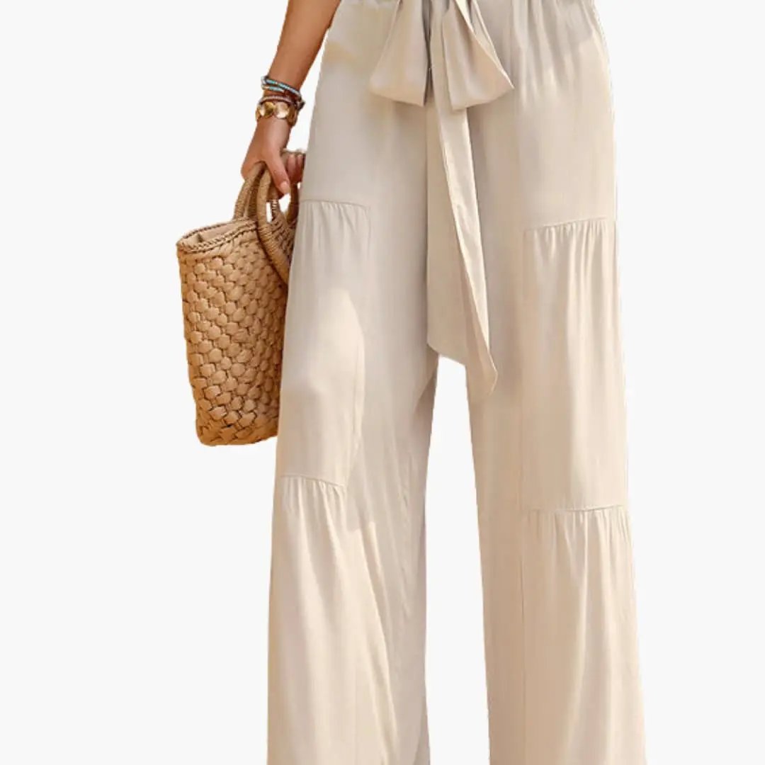 Women's palazzo pants with tie belt and ruffle details in beige, wide-leg style