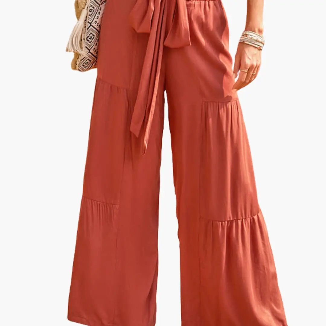 Women’s Palazzo Pants by Wilfred Smith with tie belt, rust color and tiered ruffle panels