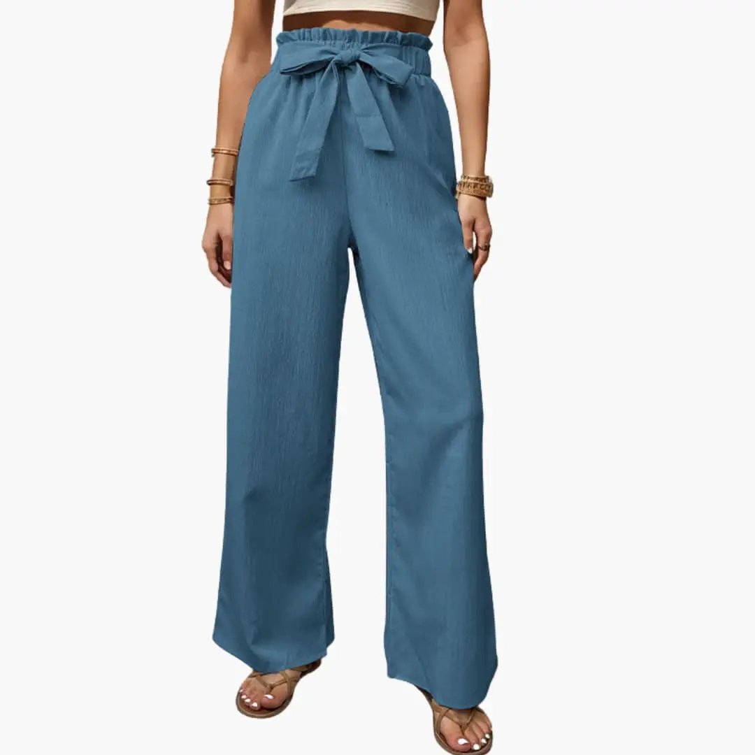 Women's Palazzo pants with stretch waist and waist-tie, blue wide-leg trousers.