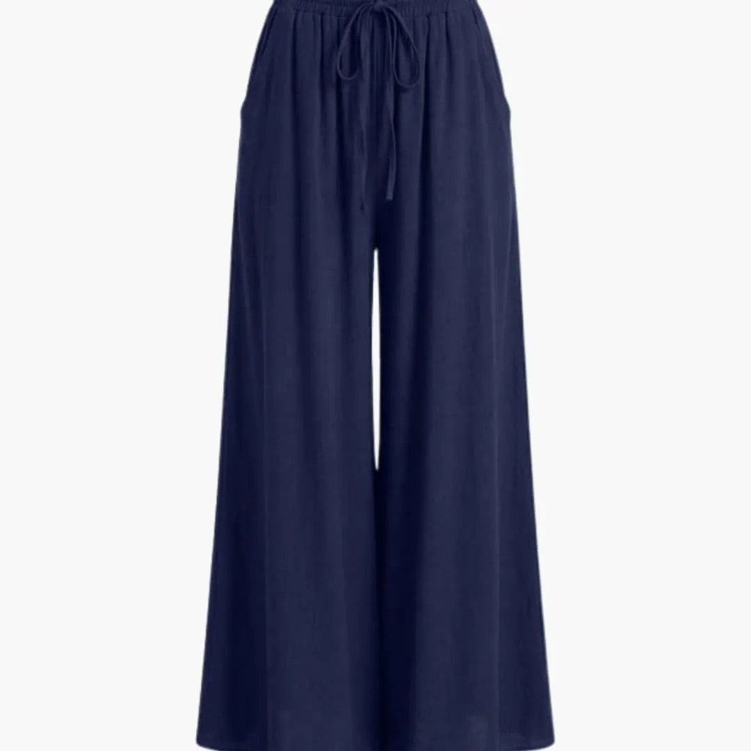Women's Palazzo Trousers with elastic waistband, navy blue, wide-leg design.