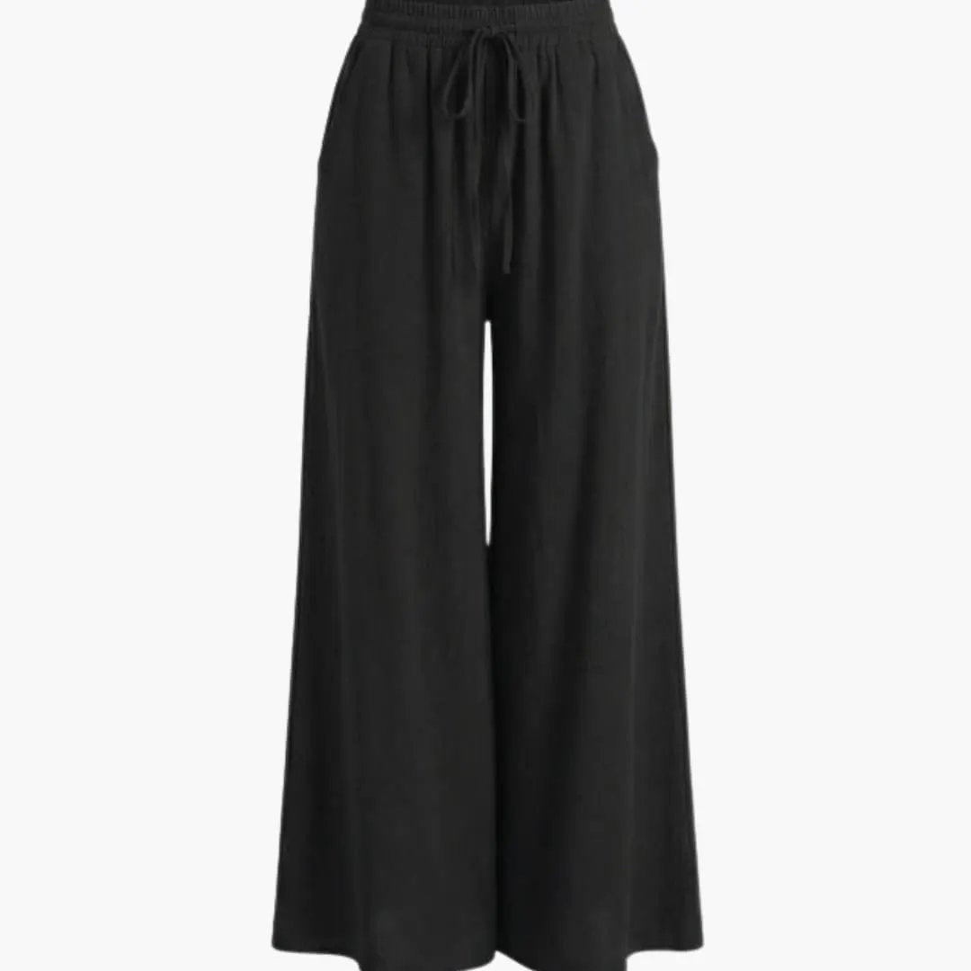 Women's Palazzo Trousers with Elastic Waist in black, wide-leg pants with a drawstring.
