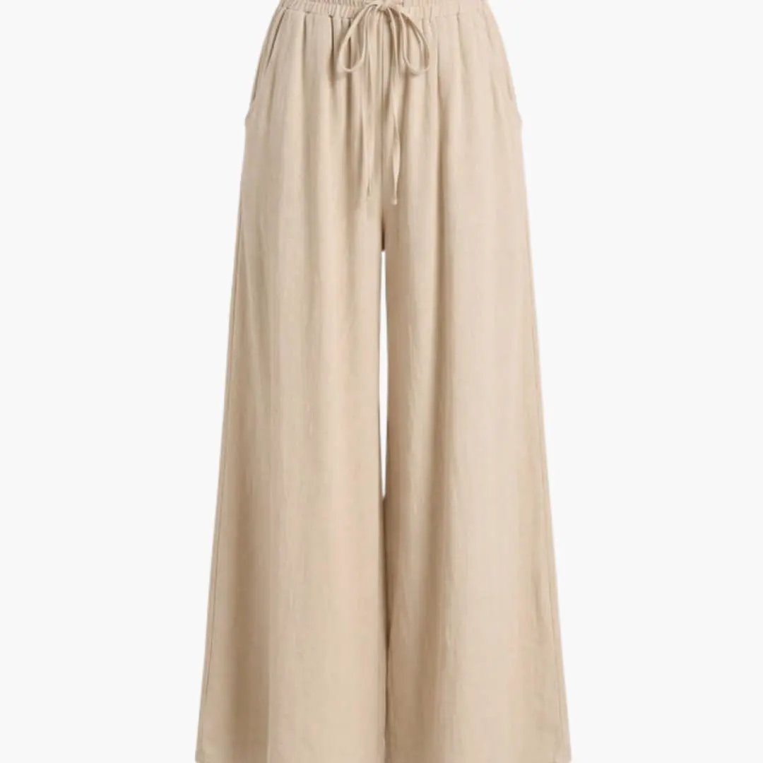 Women's beige Palazzo trousers with elastic waist, wide-leg silhouette