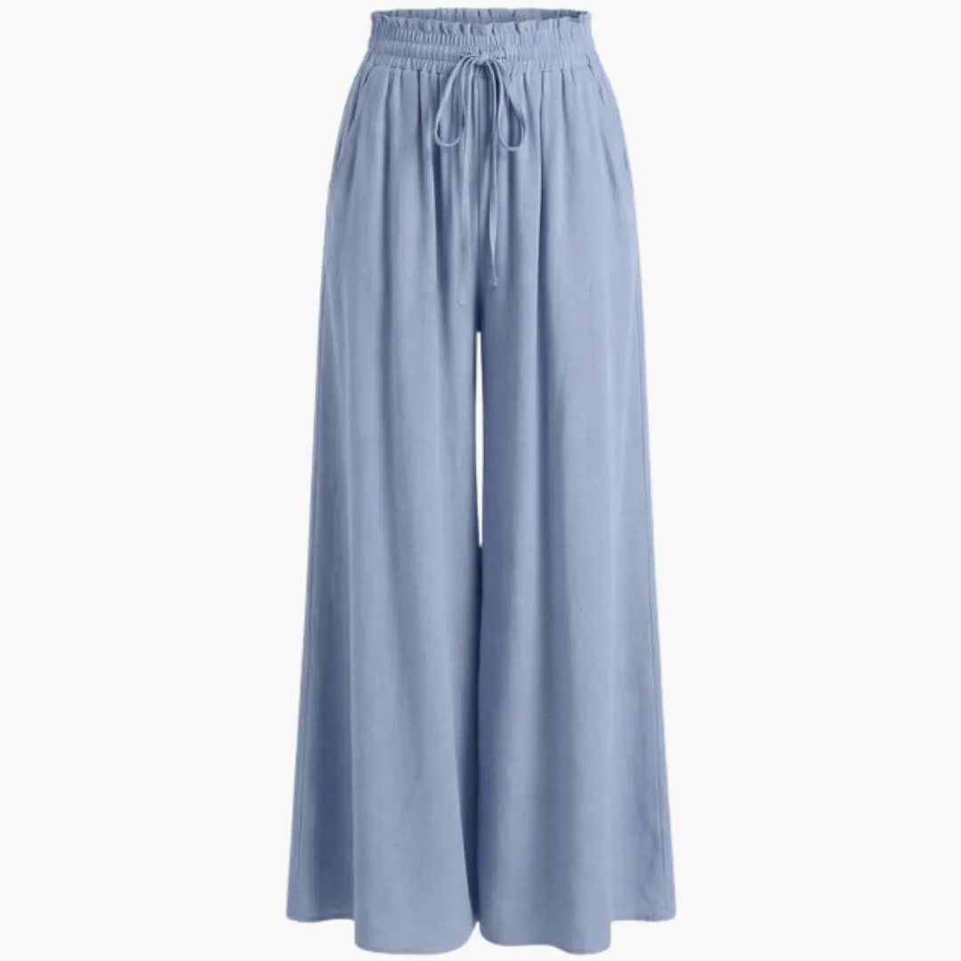 Women's Palazzo Trousers by Wilfred Smith, light blue wide-leg pants with elastic waist and pockets