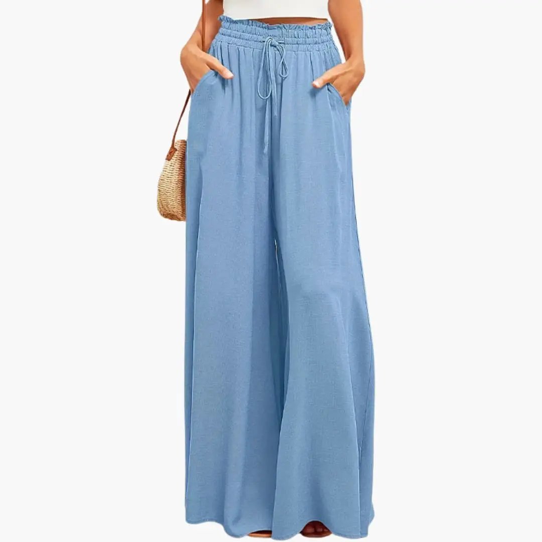 Women’s Palazzo Trousers with Elastic Waist and Side Pockets, light blue wide-leg pants