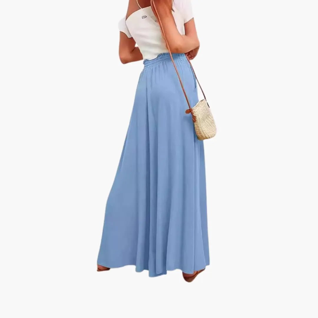 Women’s Palazzo trousers in light blue with elastic waist and side pockets, Wilfred Smith.