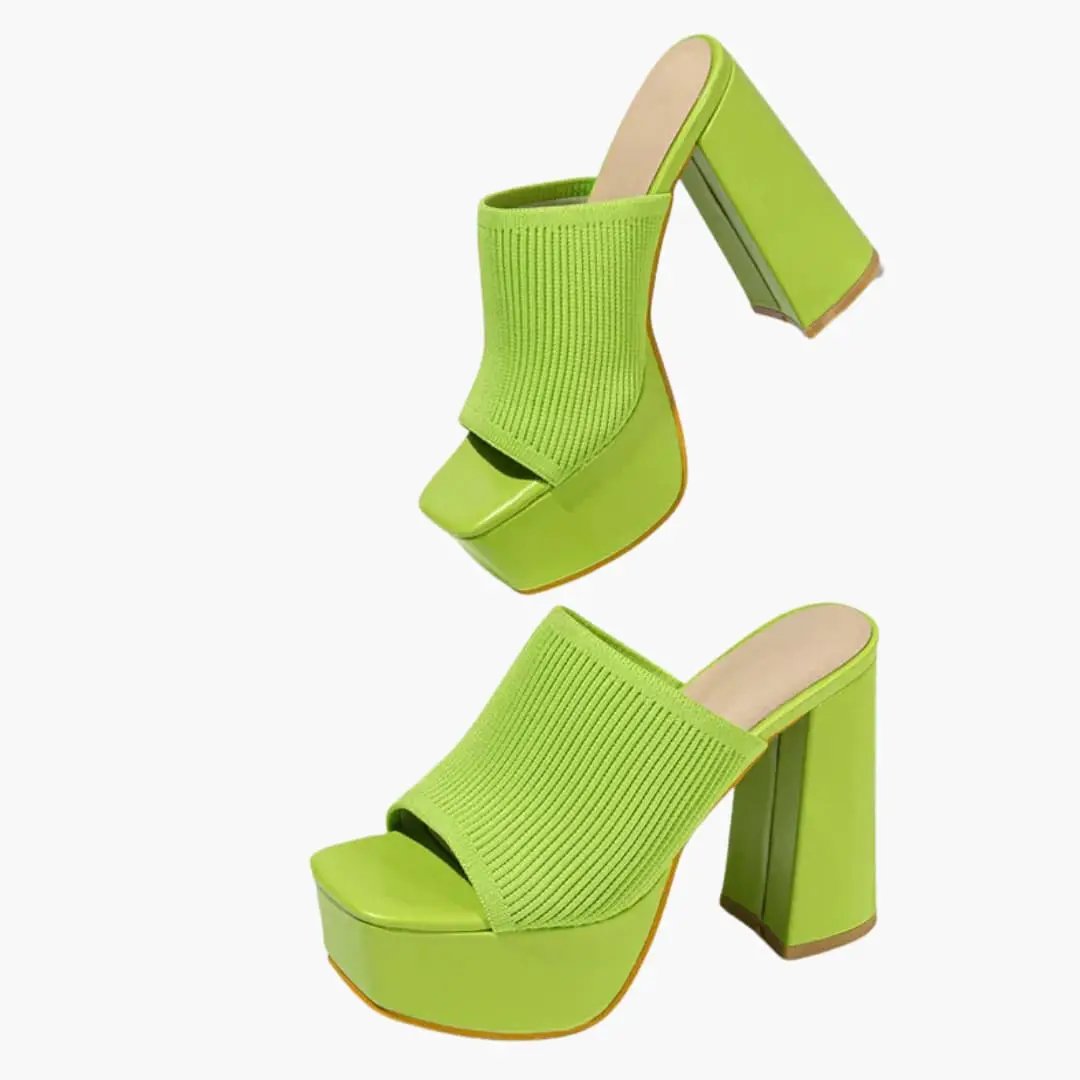 Women's lime green platform sandals with a wide knitted strap and chunky block heel