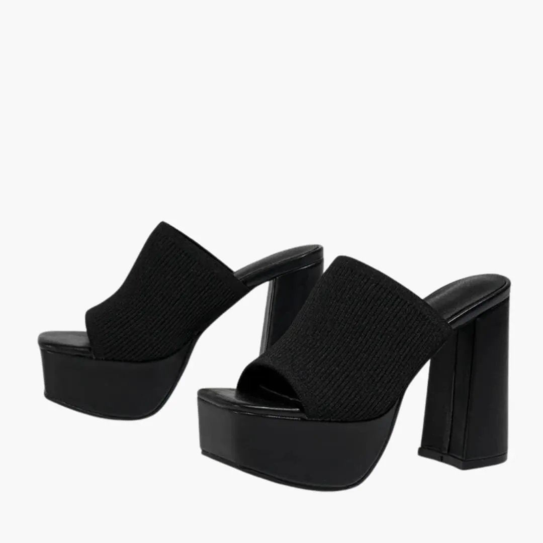 Women's platform sandals with cushioned insole, open-toe, black knit strap, chunky block heel.