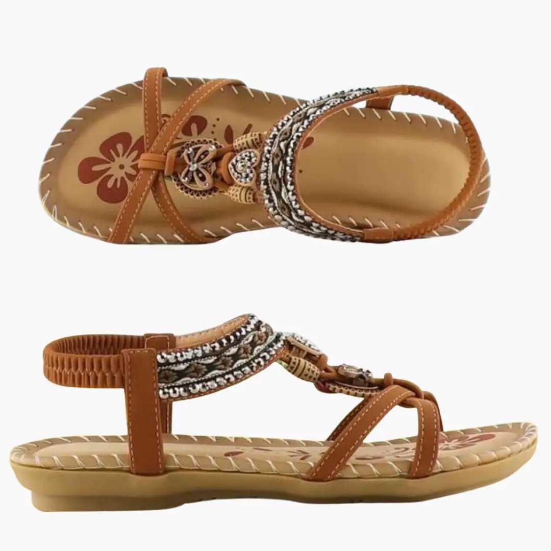 Women's platform sandals with elastic ankle straps, beaded detailing, and cushioned tan sole.