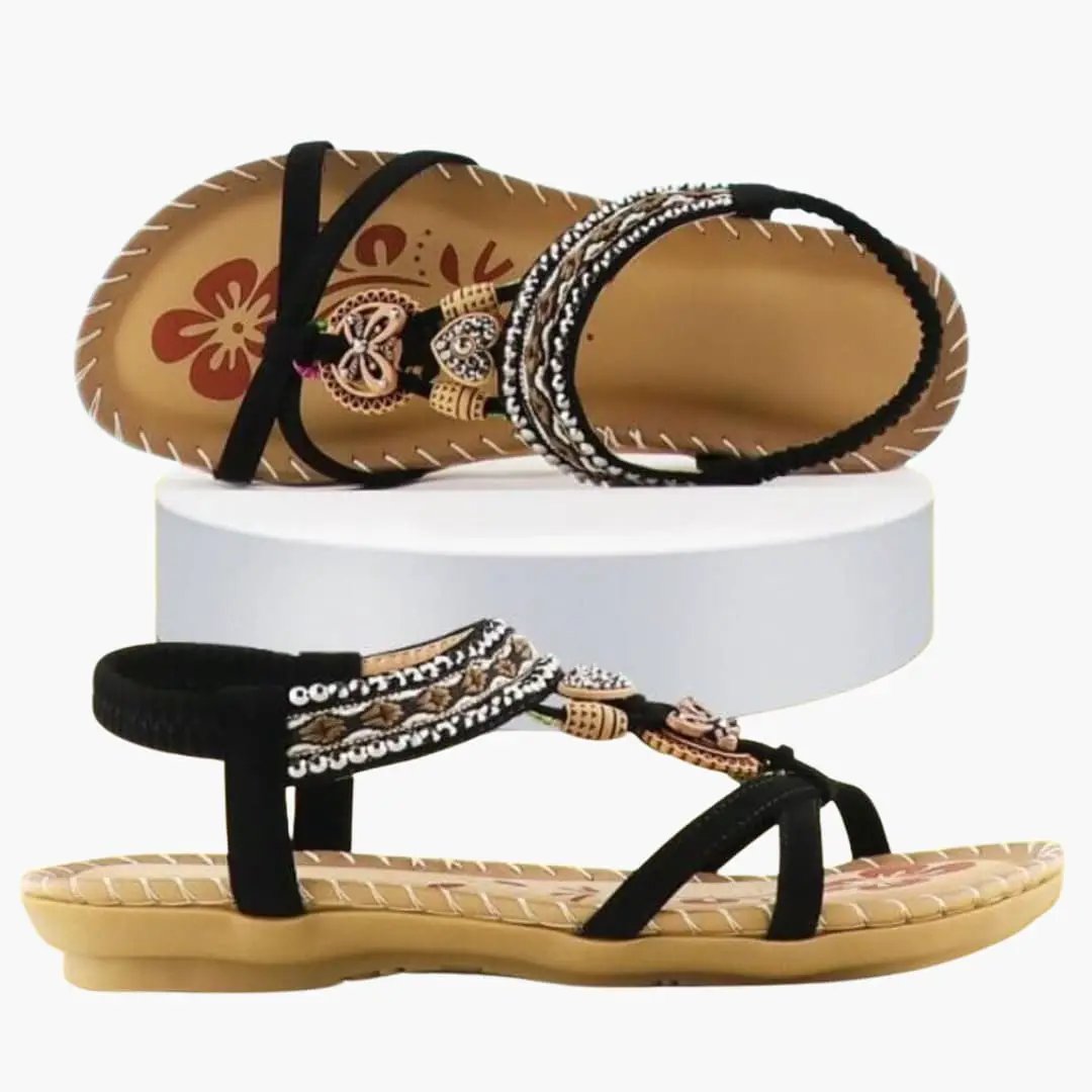 Wilfred Smith women's platform sandals with elastic black straps, beaded woven upper, cushioned tan sole