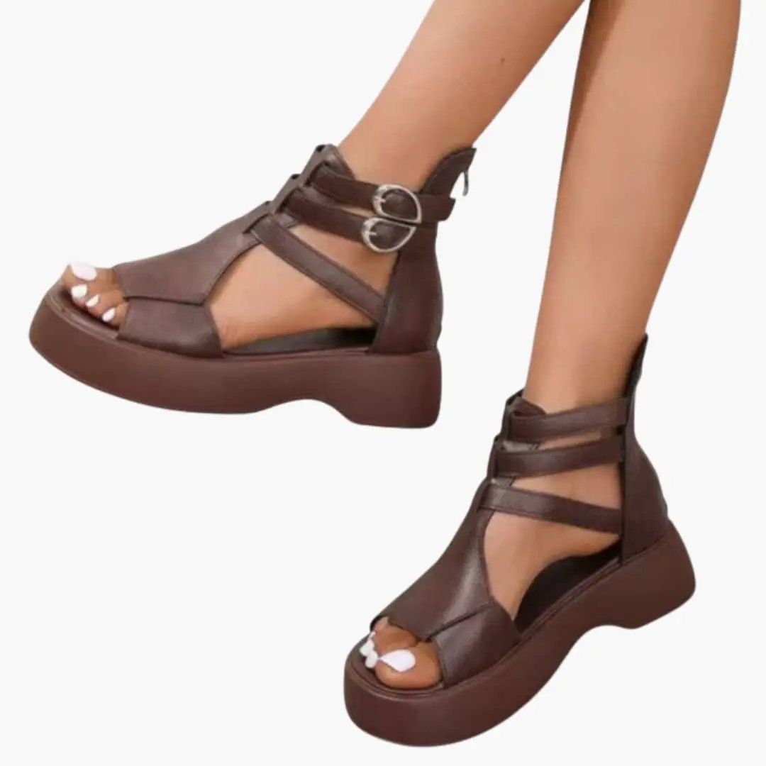 Women's platform sandals by Wilfred Smith, brown leather with multi-strap design and ankle buckle closures (pair)