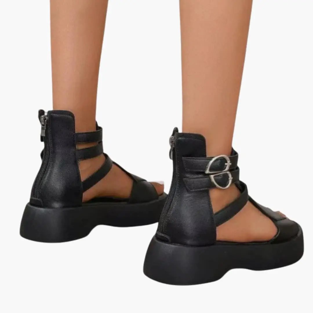 Women's platform sandals with multiple straps and ankle closures in black