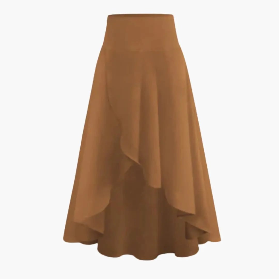 Women's pleated midi skirt with elastic waistband in camel brown, featuring cascading layered hem.