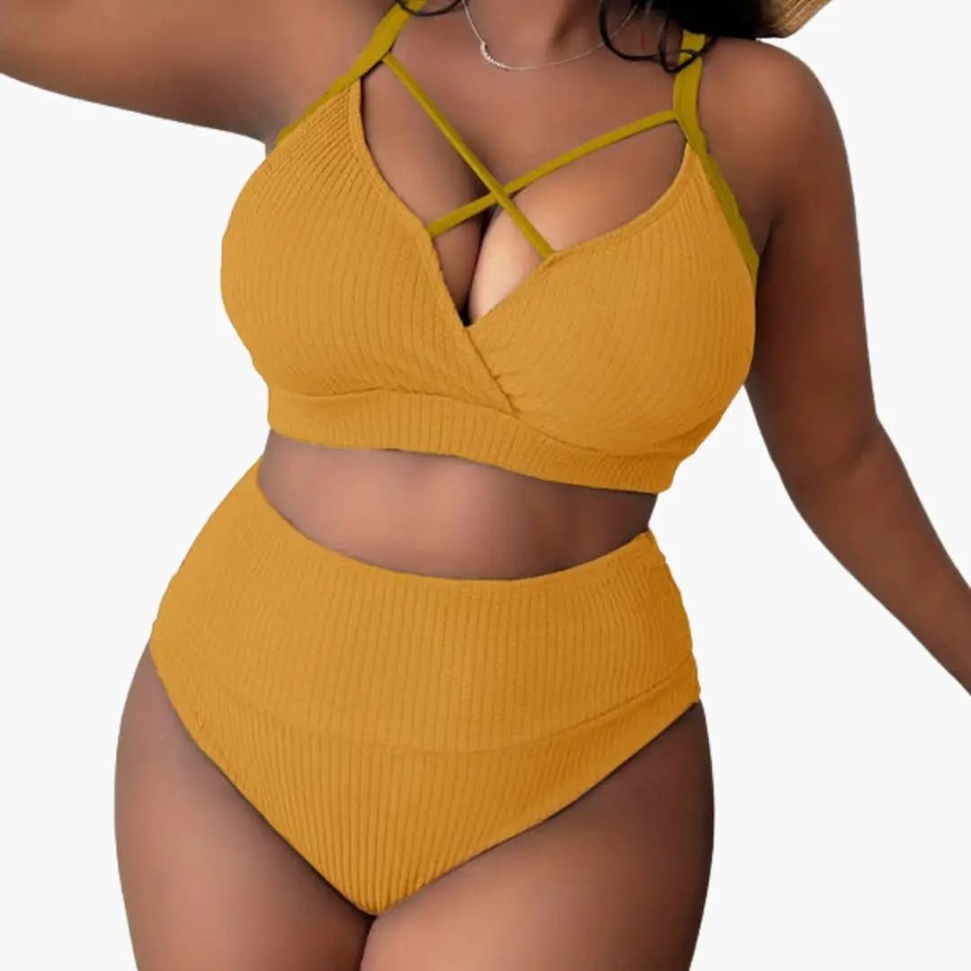 Women’s Bikini Set with sling-strap top in mustard yellow; plus-size, high-waisted bottom.
